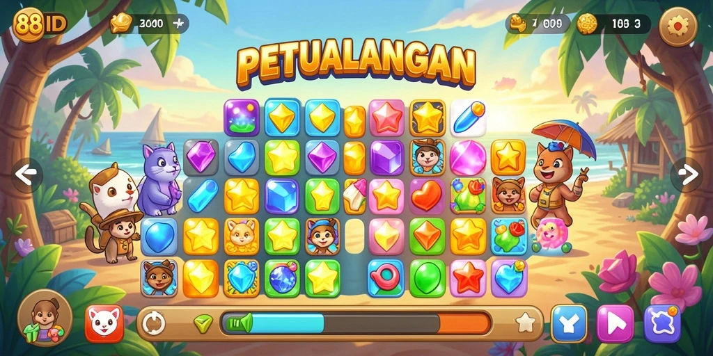 Gameplay seru di 88ID dengan tantangan Match-3 yang menarik.