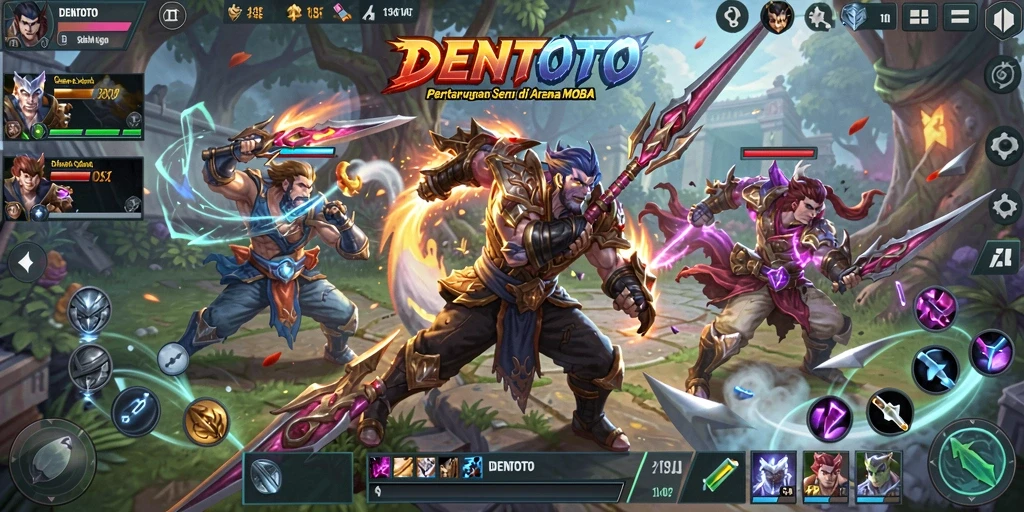 Tampilan aksi seru dalam pertandingan DENTOTO MOBA.