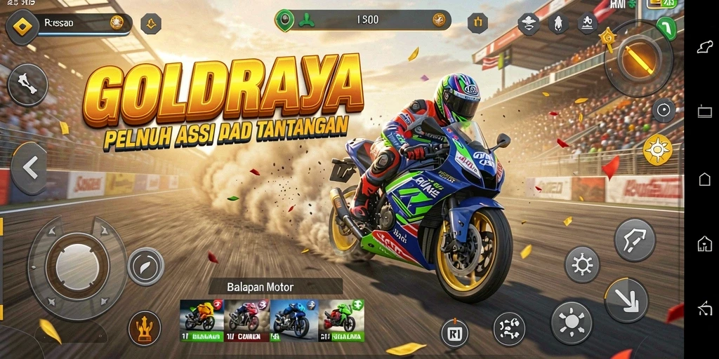 Screenshot gameplay GOLDRAJA menampilkan aksi balapan motor yang mendebarkan.