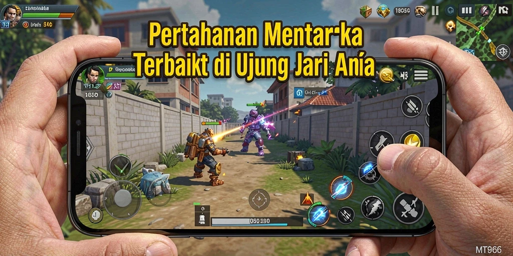 Screenshot gameplay MT966 menampilkan menara beraksi melawan gelombang musuh.