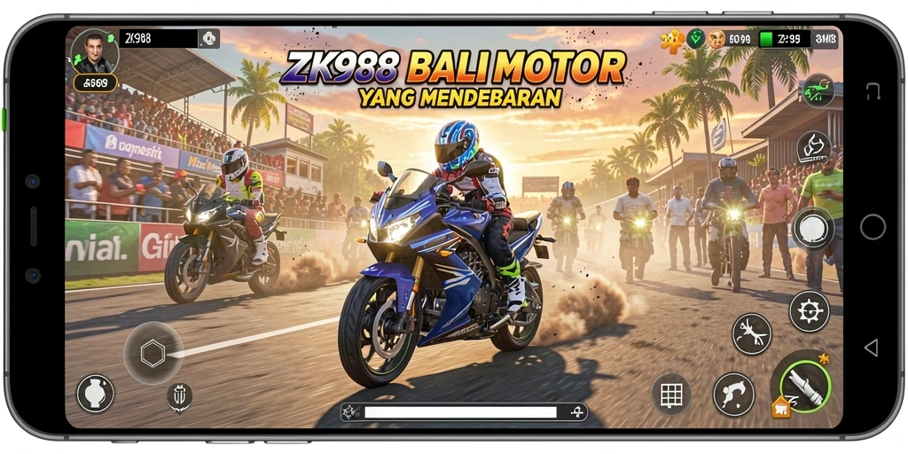 Tampilan gameplay ZK988 yang menarik saat balapan motor.